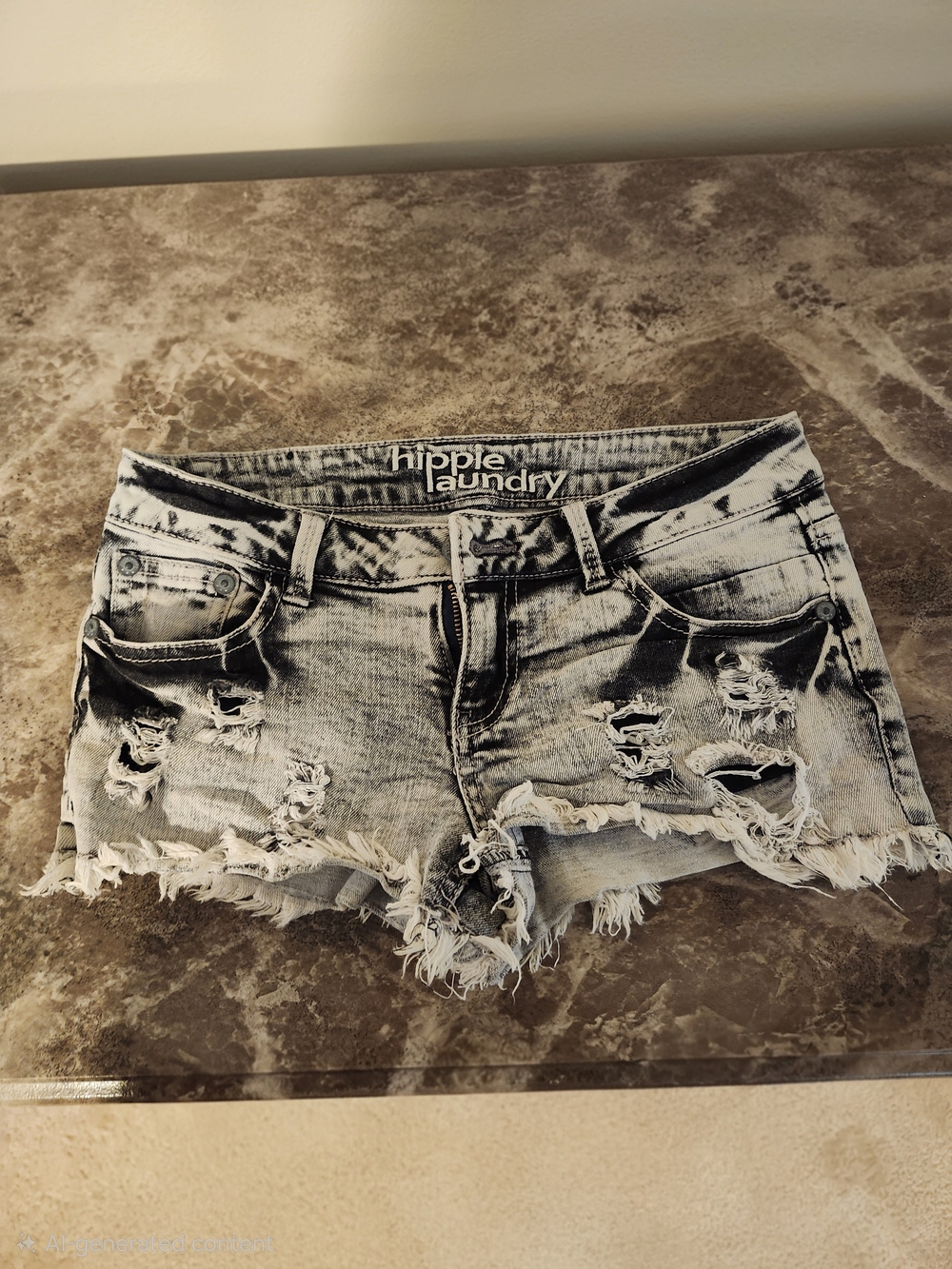 hippie laundry Distressed Black & White Denim Shorts